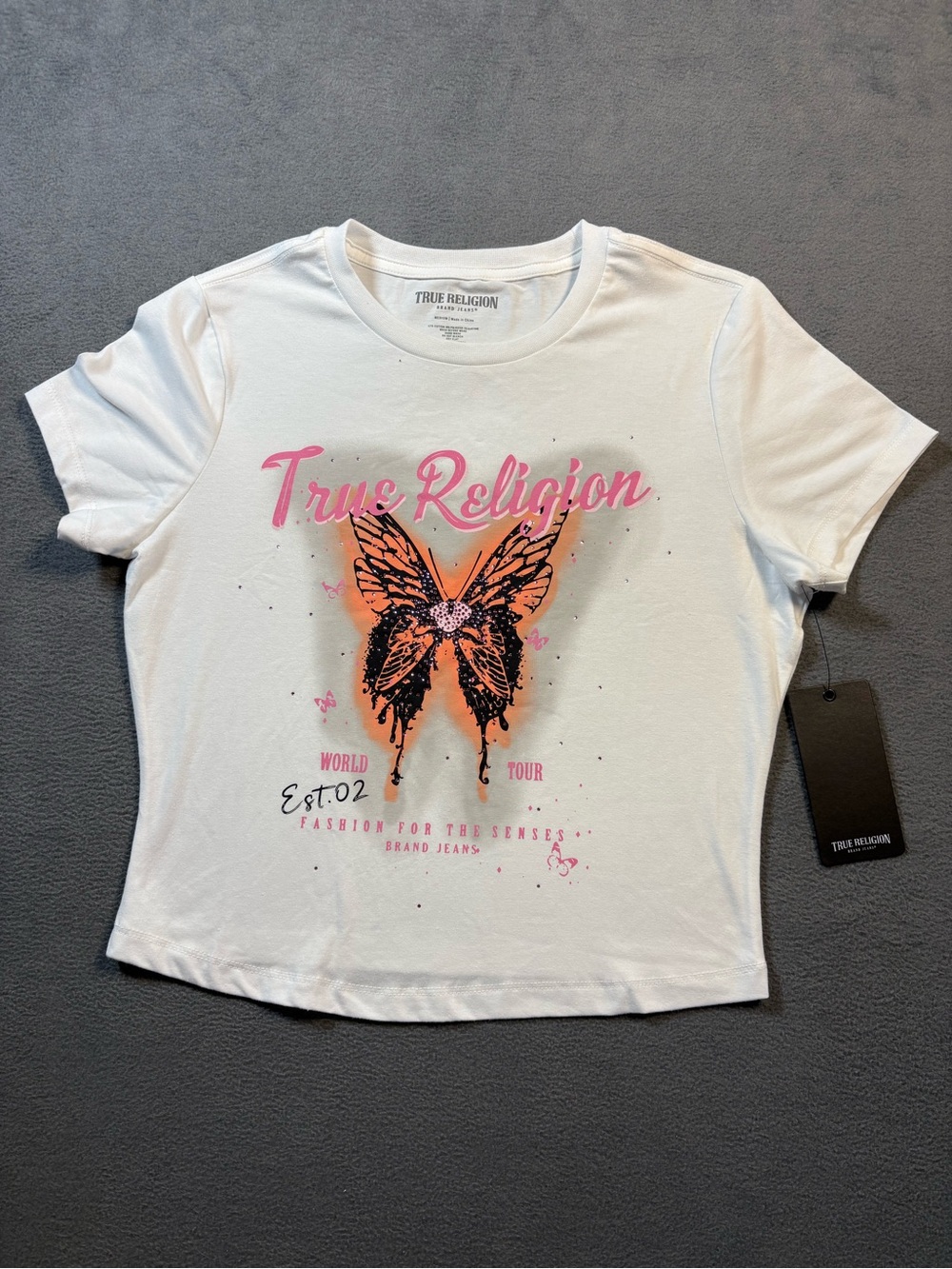 True Religion White Tee with Pink & Orange Butterfly Graphic